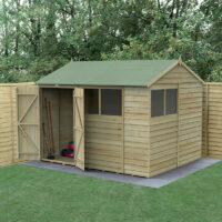 10' x 8' Forest 4Life 25yr Guarantee Overlap Pressure Treated Double Door Reverse Apex Wooden Shed - 4 Windows (3.01m x 2.61m)