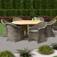Corenza Outdoor Teak Wooden Dining Table With 6 Ryker Dark Grey Armchairs