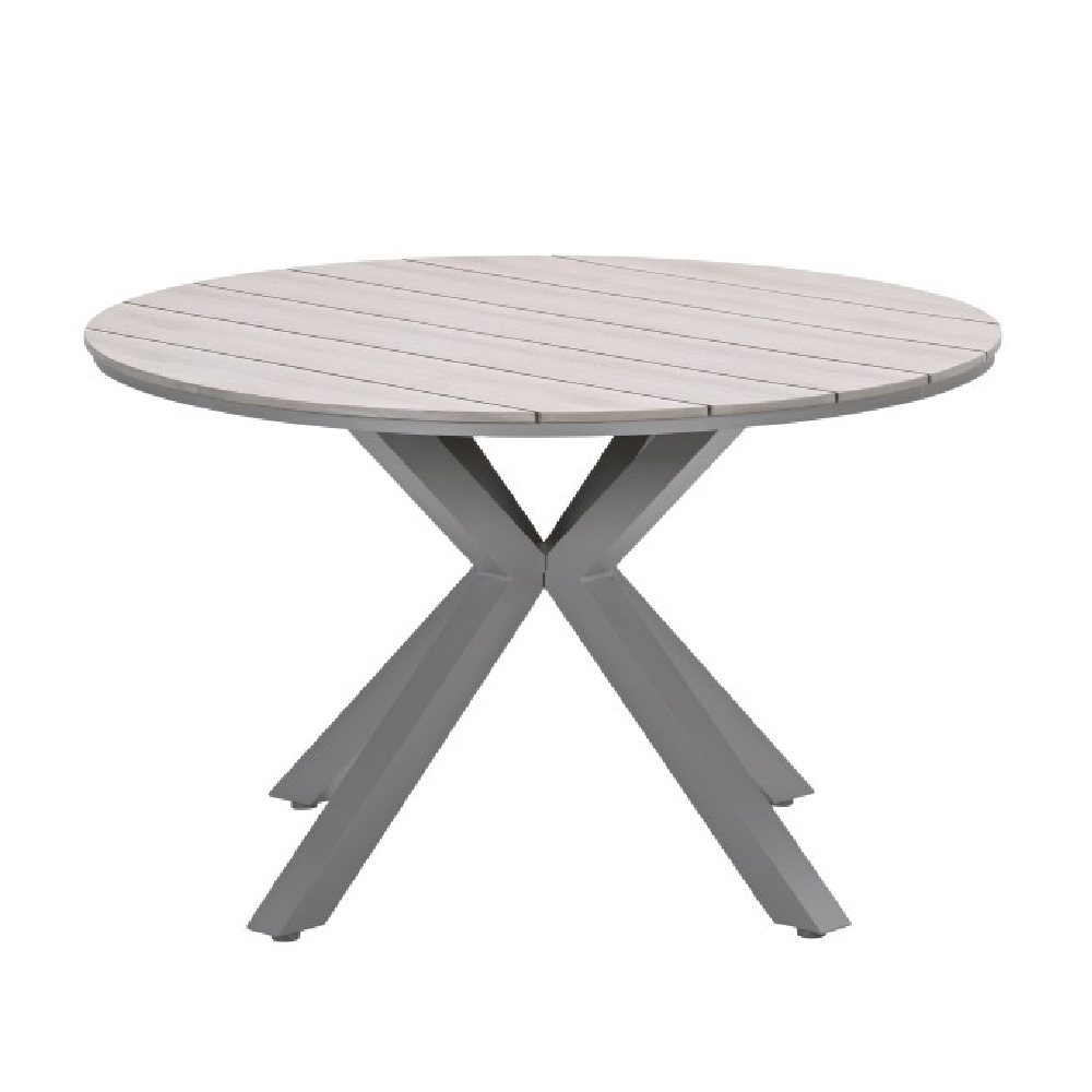 Ezra Wooden Round Garden Dining Table In Taupe