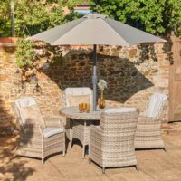 Fresno Rattan Garden 4 Seater Dining Set with Parasol in Brown and Wheat