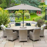 Fresno Rattan Garden 8 Seater Dining Set with Parasol in Brown and Wheat