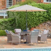 Marfa Glass Top Garden 6 Seater Dining Set With Parasol In Sand