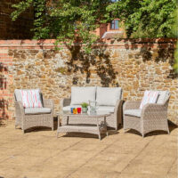 Marfa Glass Top Garden Lounge Sofa Set With Coffee Table In Sand