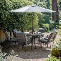 Mili Aluminium Oval Garden 6 Seater Dining Set with Parasol in Graphite Grey