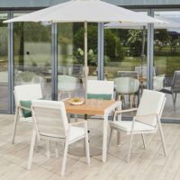 Porto Aluminium Garden 4 Seater Dining Set with Parasol in Ligh Grey and Oak