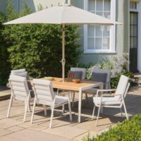 Porto Aluminium Garden 6 Seater Dining Set with Parasol in Light Grey and Oak