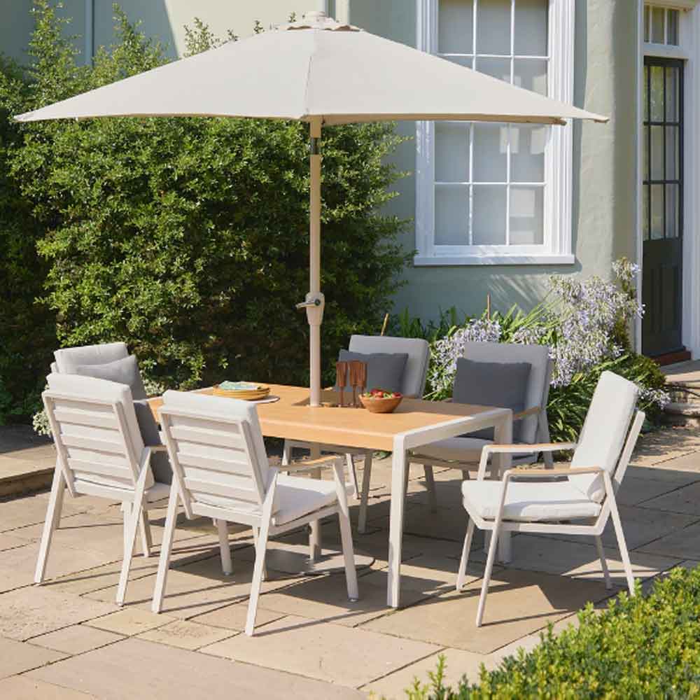 Porto Aluminium Garden 6 Seater Dining Set with Parasol in Light Grey and Oak