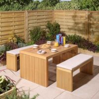 Prestige Wooden Garden Dining Table With 2 Benches and Cushions In Natural