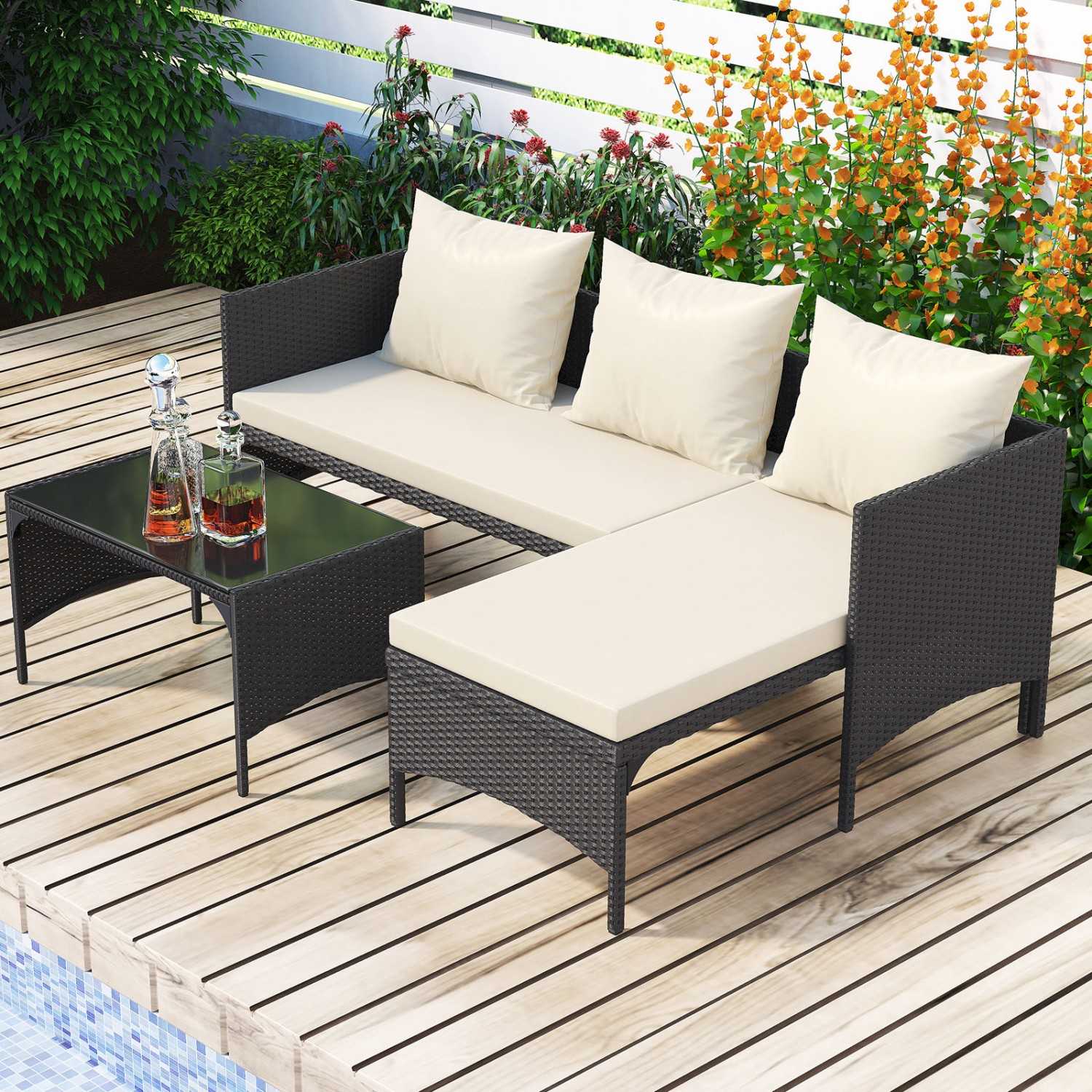 3 Pieces Outdoor Rattan Furniture Patio Sofa Set with Loveseat Lounge Chair Table Black