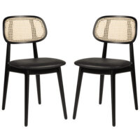 Romney Black Rattan Side Chairs With Leather Seat In Pair