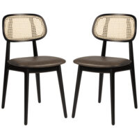 Romney Black Rattan Side Chairs With Brown Leather Seat In Pair
