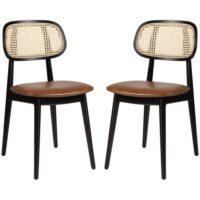 Romney Black Rattan Side Chairs With Tan Leather Seat In Pair