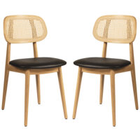 Romney Natural Rattan Side Chairs With Black Leather Seat In Pair