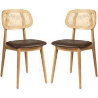 Romney Natural Rattan Side Chairs With Brown Leather Seat In Pair