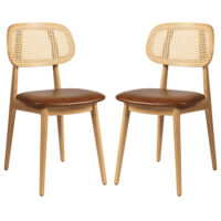 Romney Natural Rattan Side Chairs With Tan Leather Seat In Pair
