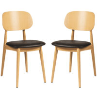 Romney Natural Wooden Side Chairs With Black Leather Seat In Pair
