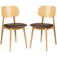 Romney Natural Wooden Side Chairs With Brown Leather Seat In Pair