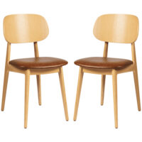 Romney Natural Wooden Side Chairs With Tan Leather Seat In Pair