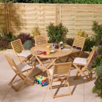 Serenity Wooden Round Dining Table with 6 Chairs and Cushions in Natural