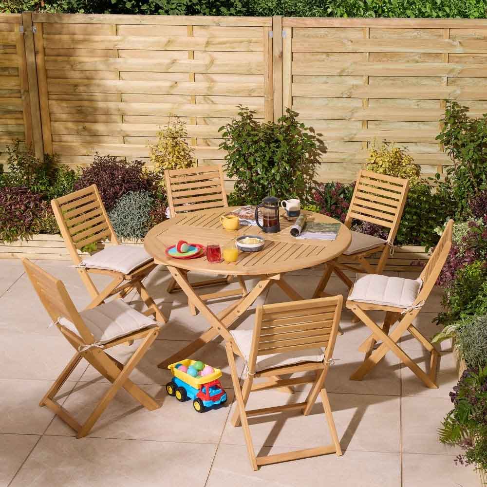 Serenity Wooden Round Dining Table with 6 Chairs and Cushions in Natural