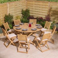 Serenity Wooden Round Dining Table with 8 Chairs and Cushions in Natural
